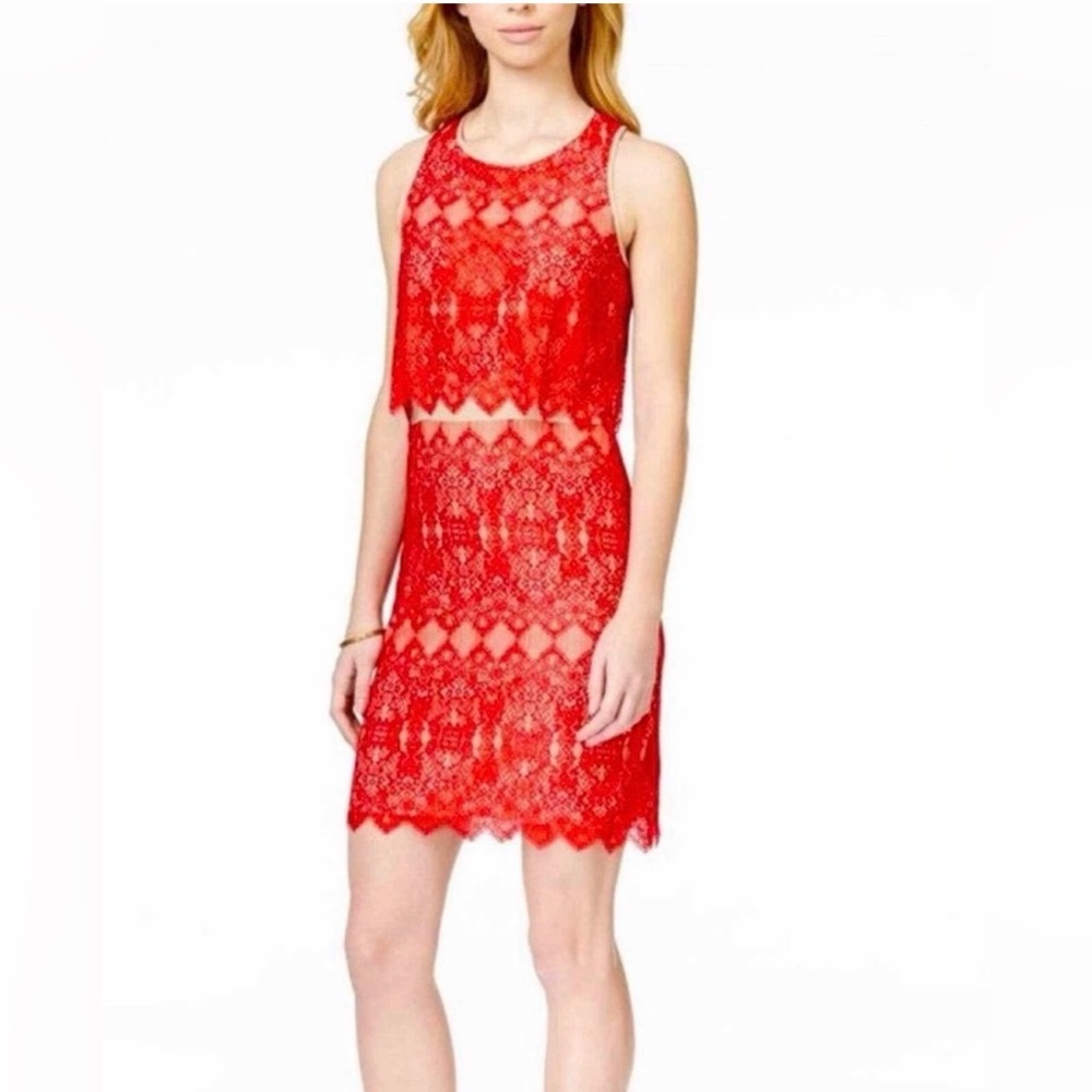 Kensie Red Lace Overlay Two Piece Illusion Dress Nude Lined Scalloped Hem